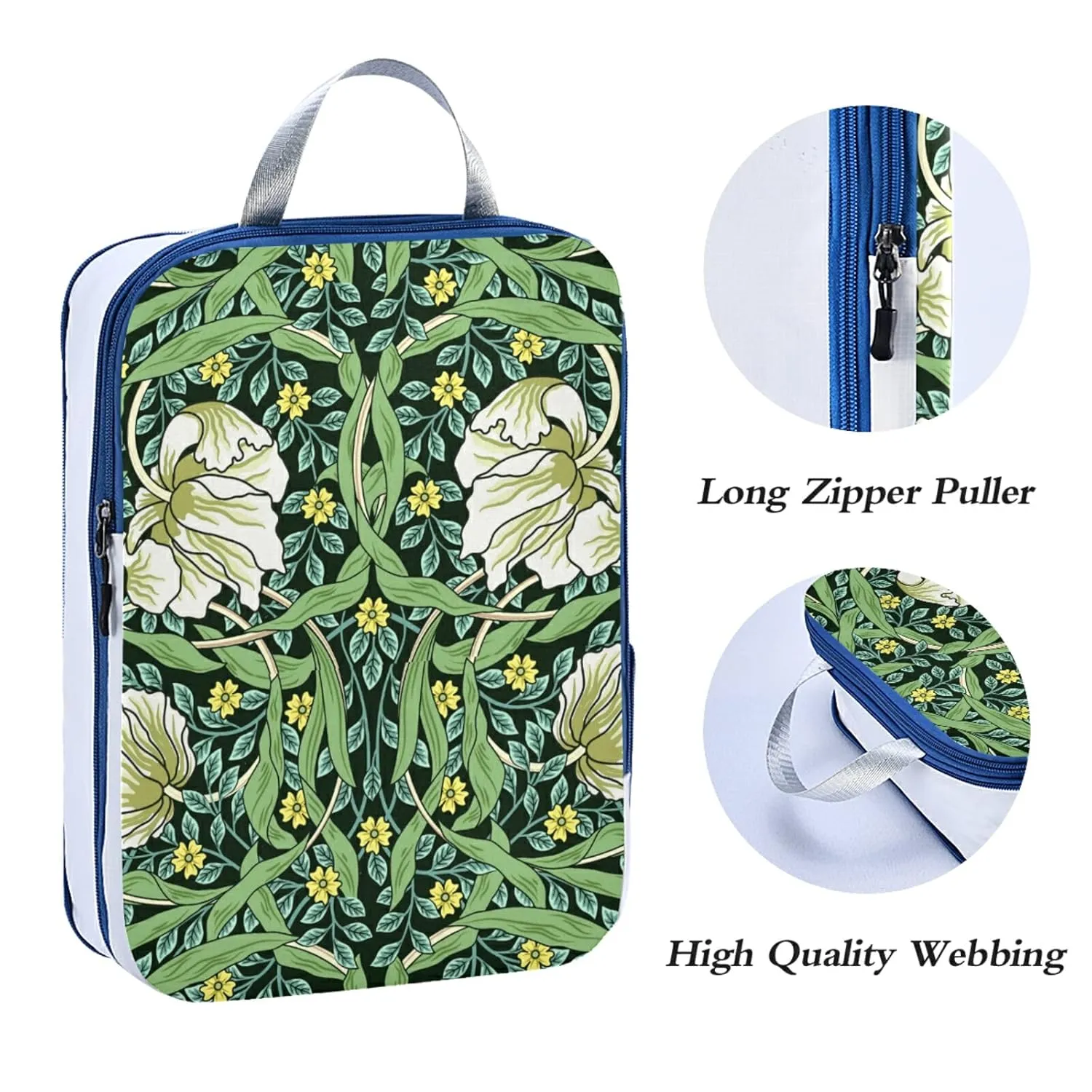 William Morris White Flowers, Yellow Flowers, Green Foliage Leaves 3 Piece set Cubes Expandable Adjustable Luggage Packing Bags, Ultralight Organizer Accessories Travel Suitcase Compressible Bags