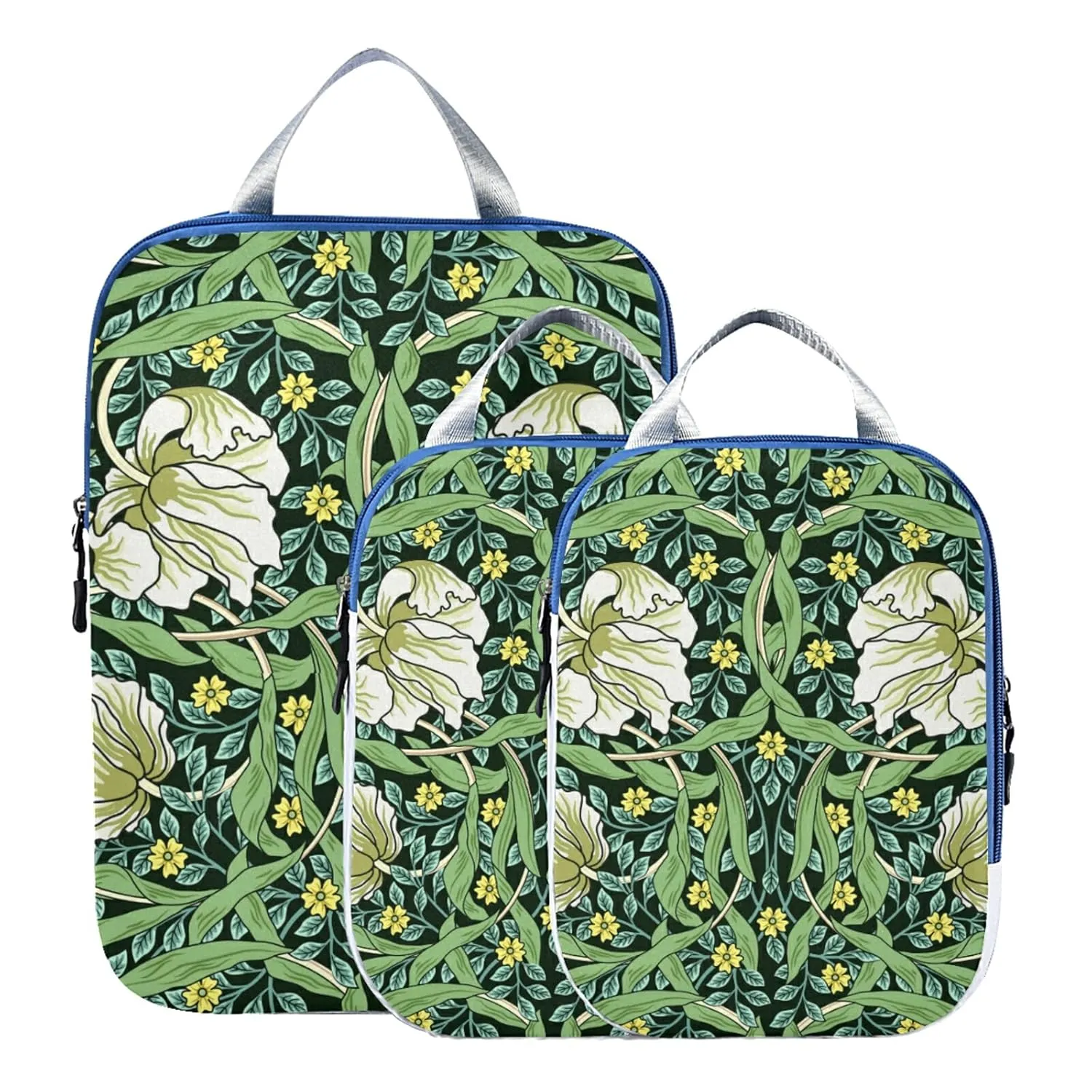 William Morris White Flowers, Yellow Flowers, Green Foliage Leaves 3 Piece set Cubes Expandable Adjustable Luggage Packing Bags, Ultralight Organizer Accessories Travel Suitcase Compressible Bags