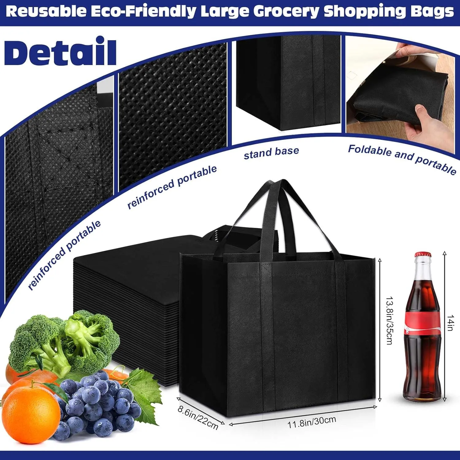 Windyun 100 Pcs Reusable Grocery Bags Bulk 13.8 x 8.6 x 11.8 In Large Foldable Shopping Bags Tote Bags with Reinforced Handle