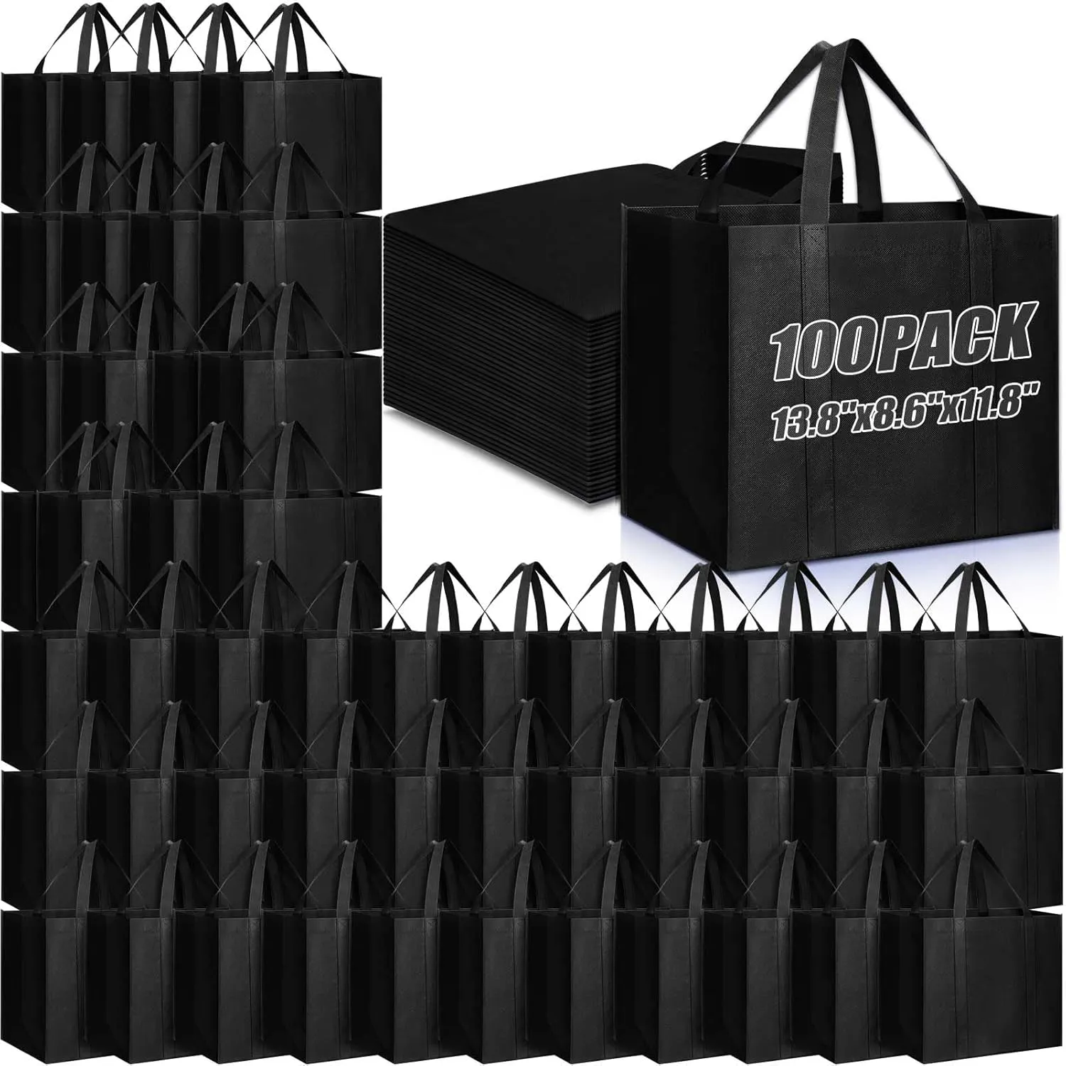Windyun 100 Pcs Reusable Grocery Bags Bulk 13.8 x 8.6 x 11.8 In Large Foldable Shopping Bags Tote Bags with Reinforced Handle
