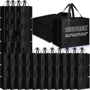 Windyun 100 Pcs Reusable Grocery Bags Bulk 13.8 x 8.6 x 11.8 In Large Foldable Shopping Bags Tote Bags with Reinforced Handle