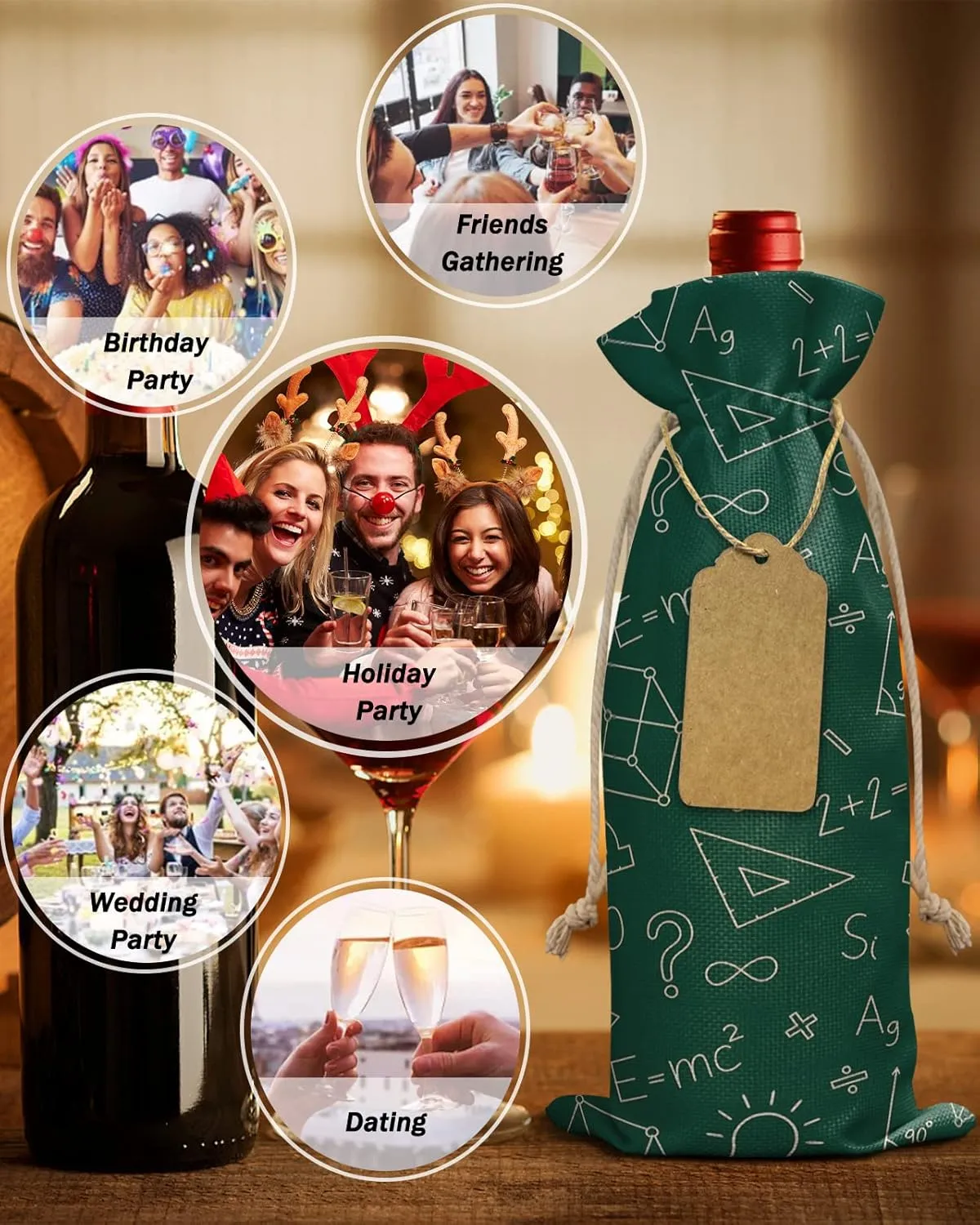 Wine Bags for Wine Bottles Gifts, Wine Bottle Bag with Drawstrings, Science Formula Triangle Ruler and Chalk Wine Tote for Travel, Birthday, Blind Tastings, Christmas, Home Storage