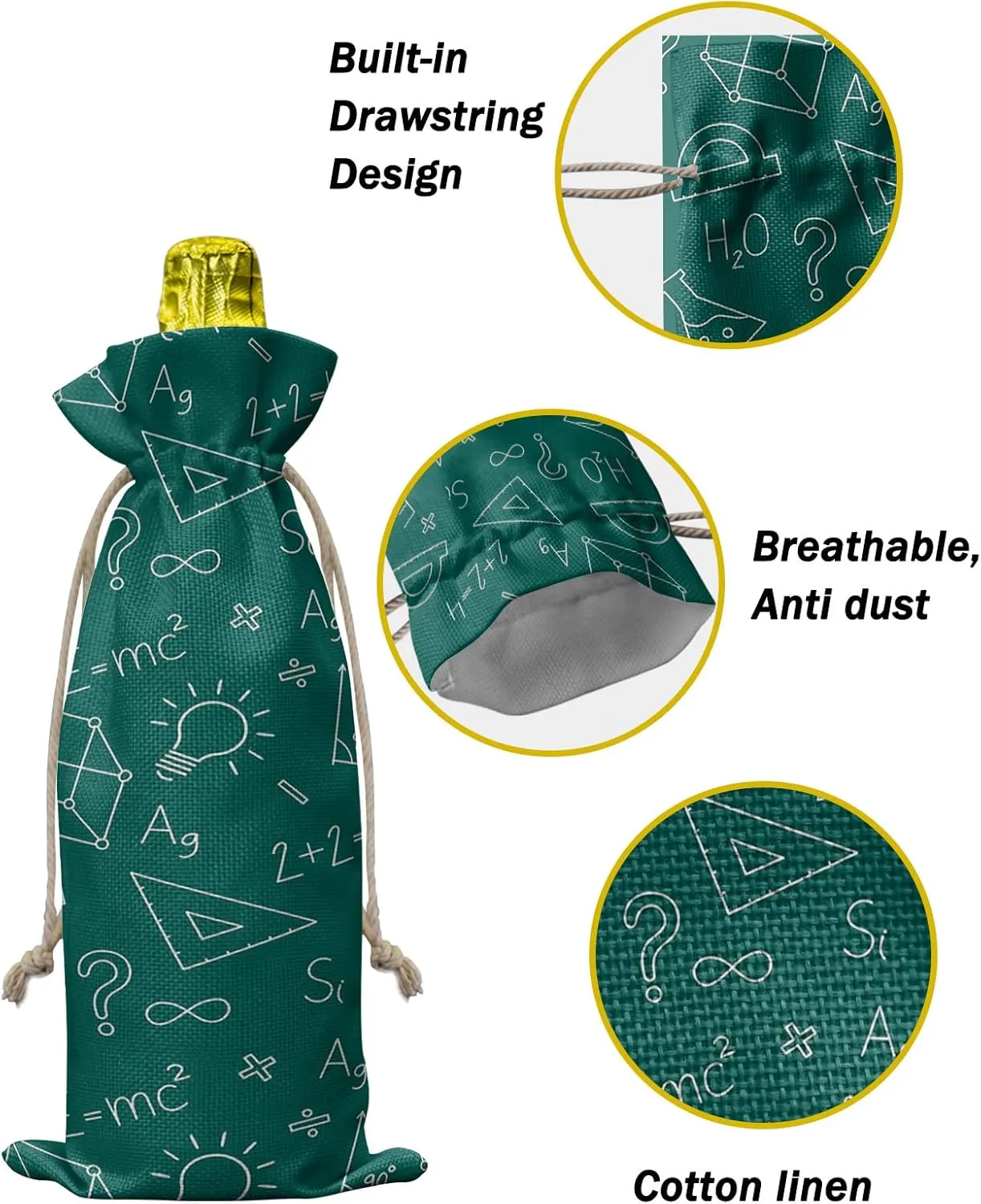Wine Bags for Wine Bottles Gifts, Wine Bottle Bag with Drawstrings, Science Formula Triangle Ruler and Chalk Wine Tote for Travel, Birthday, Blind Tastings, Christmas, Home Storage