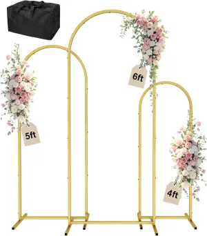 Wingedbird 3 Pack Gold Metal Arch Backdrop Stand – 4FT 5FT 6FT Balloon Arch Frame for Weddings, Easy Assembly, Indoor Outdoor Use, with Storage Bag, Durable Metal Construction