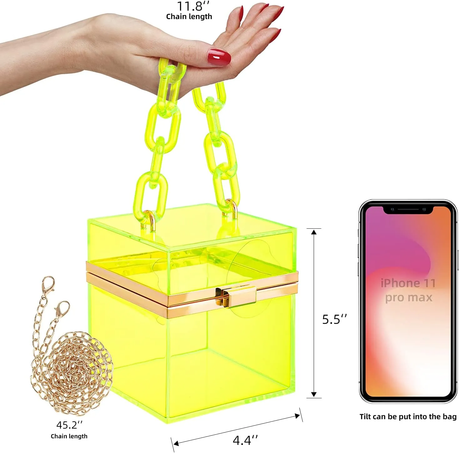 WJCD Cute Clear Acrylic Plastic Neon Hard Frame Party Clutch Purse with Gold Chain Strap
