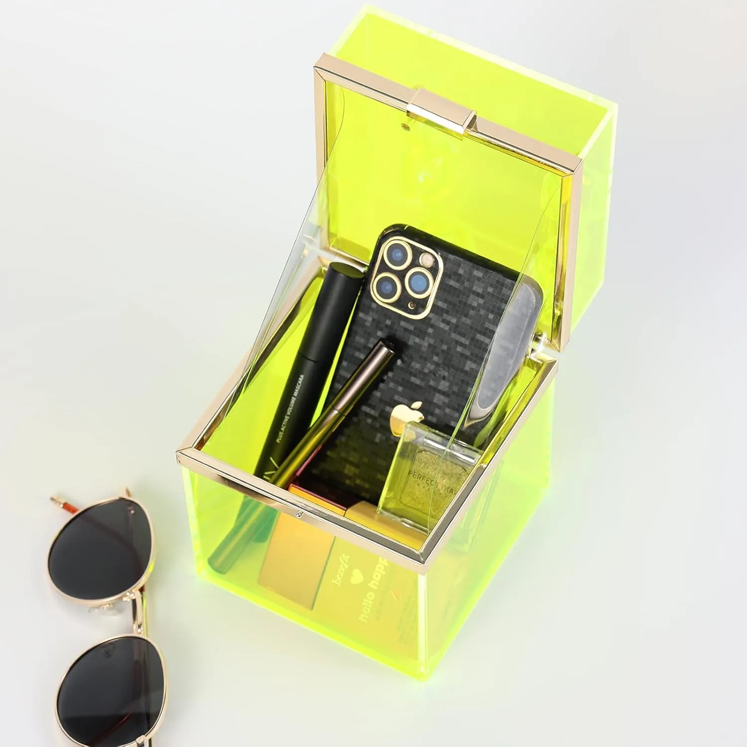 WJCD Cute Clear Acrylic Plastic Neon Hard Frame Party Clutch Purse with Gold Chain Strap