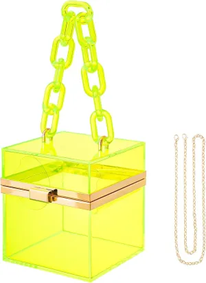 WJCD Cute Clear Acrylic Plastic Neon Hard Frame Party Clutch Purse with Gold Chain Strap