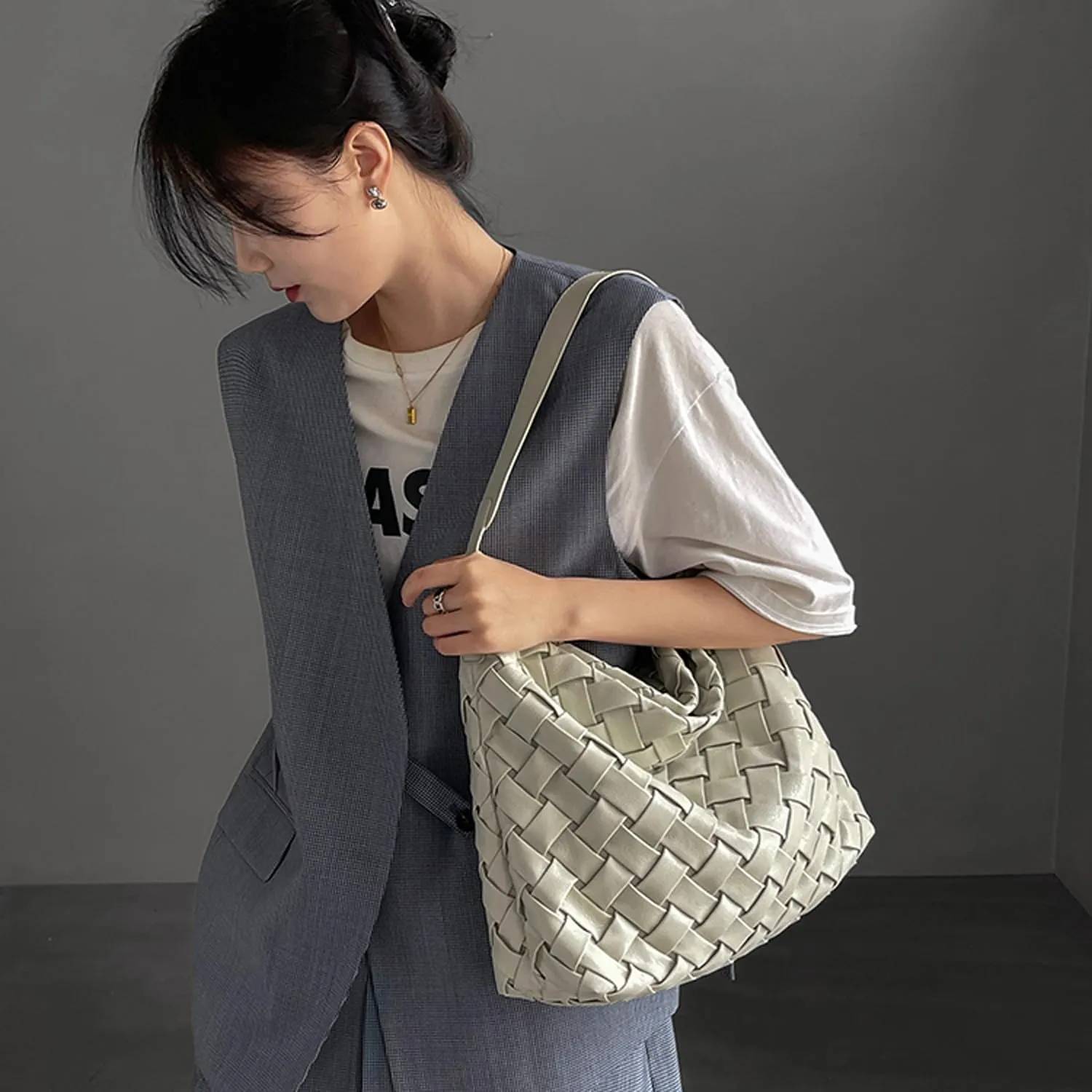 Women Boston Bag Woven Tote Vegan Leather Handbags Female Satchel Messenger Bag Fashion Shoulder Crossbody Bag Casual Hobo