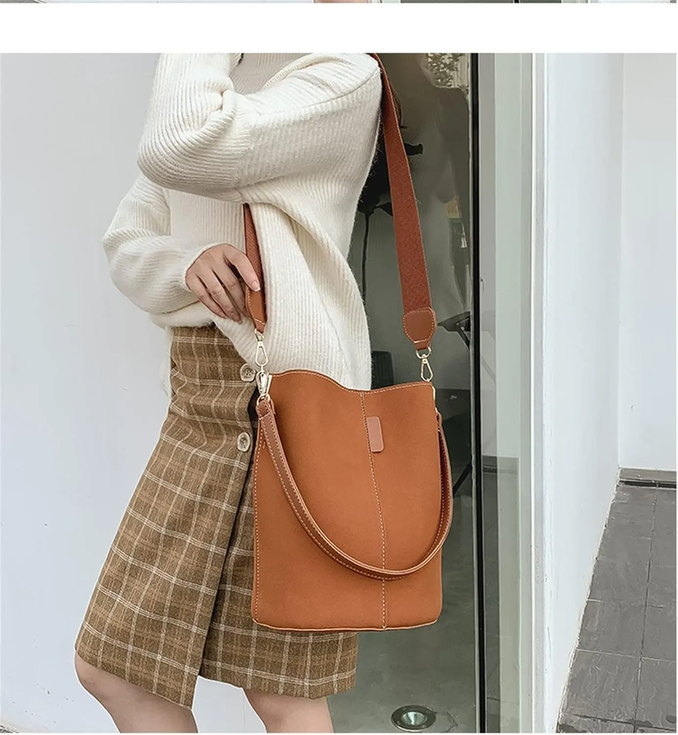 Women Bucket Bags Wide Strap Women Shoulder Bags Luxury Leather Crossbody Bag For Women(Brown)