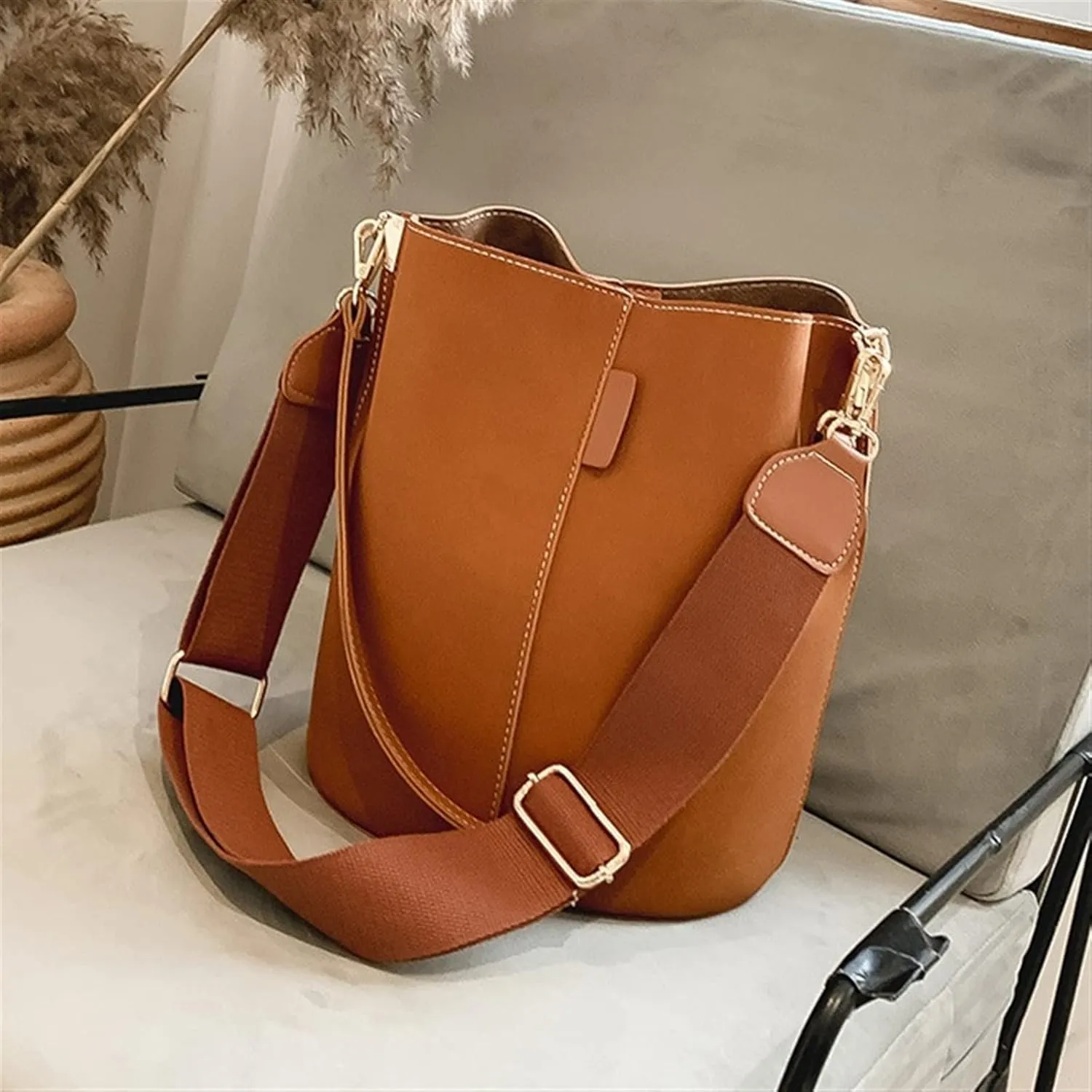 Women Bucket Bags Wide Strap Women Shoulder Bags Luxury Leather Crossbody Bag For Women(Brown)