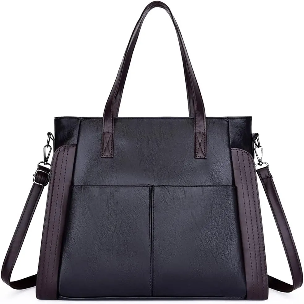 Women Handbag PU Leather Messenger Bag with Detachable Long Shoulder Strap-Black