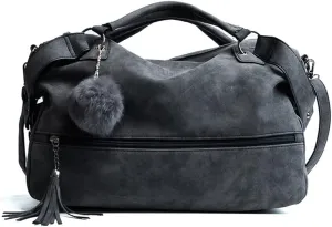 Women Handbag PU Leather Top Handle Handbag Shoulder Bag Messenger Bag with Fur Ball Accessories