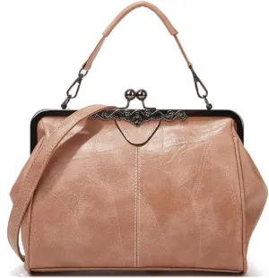 Women Kiss Lock Crossbody Vintage Small Retro Handbags Purse Frosted Leather Messenger Bag Tote