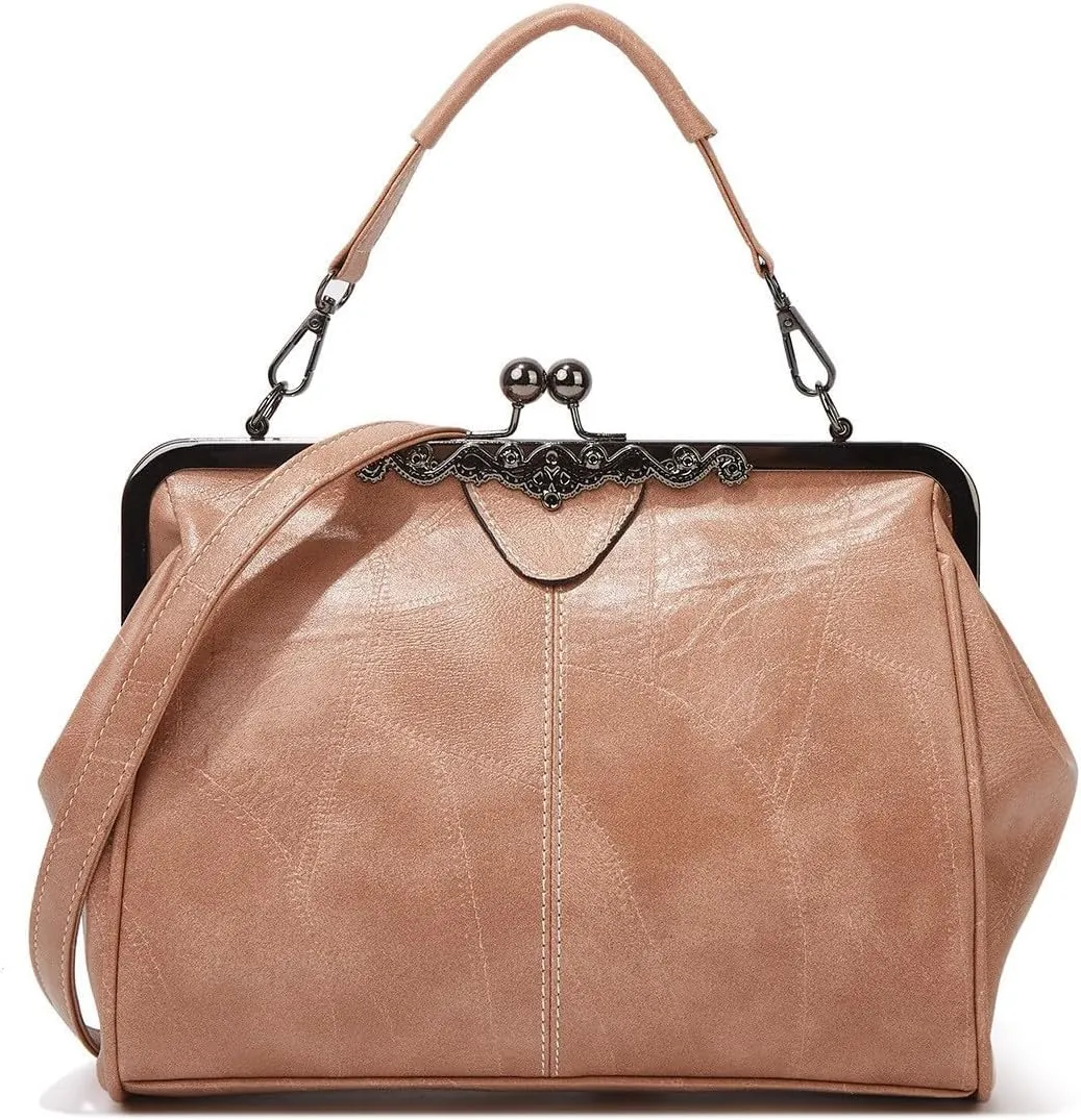 Women Kiss Lock Crossbody Vintage Small Retro Handbags Purse Frosted Leather Messenger Bag Tote