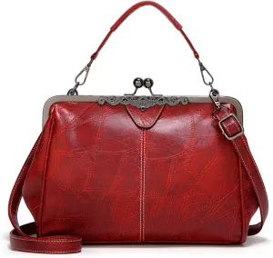 Women Kiss Lock Vintage Handbags for Women Oil Leather Evening Clutch Satchel Purse Tote