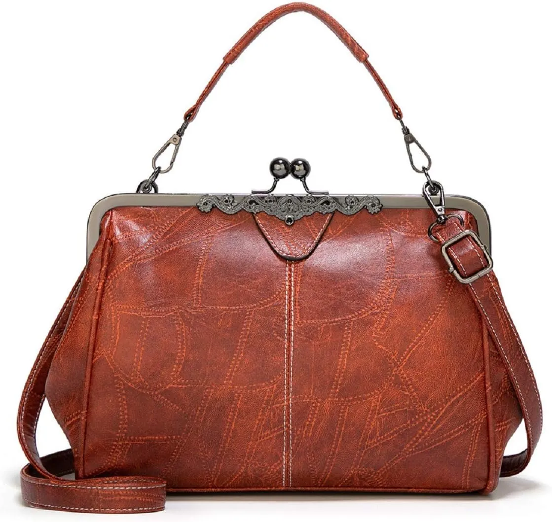 Women Retro Hollow Oil Wax PU Leather Handbag Multiple Collocations Handbags Kiss Lock Messenger Bag