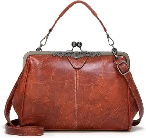 Women Retro Hollow Oil Wax PU Leather Handbag Multiple Collocations Handbags Kiss Lock Messenger Bag