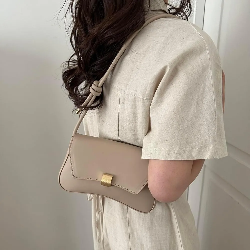 Women Shopper Purse Solid Underarm Bag Elegant Handbag Personality Metal Lock Buckle Knot Tote Bag