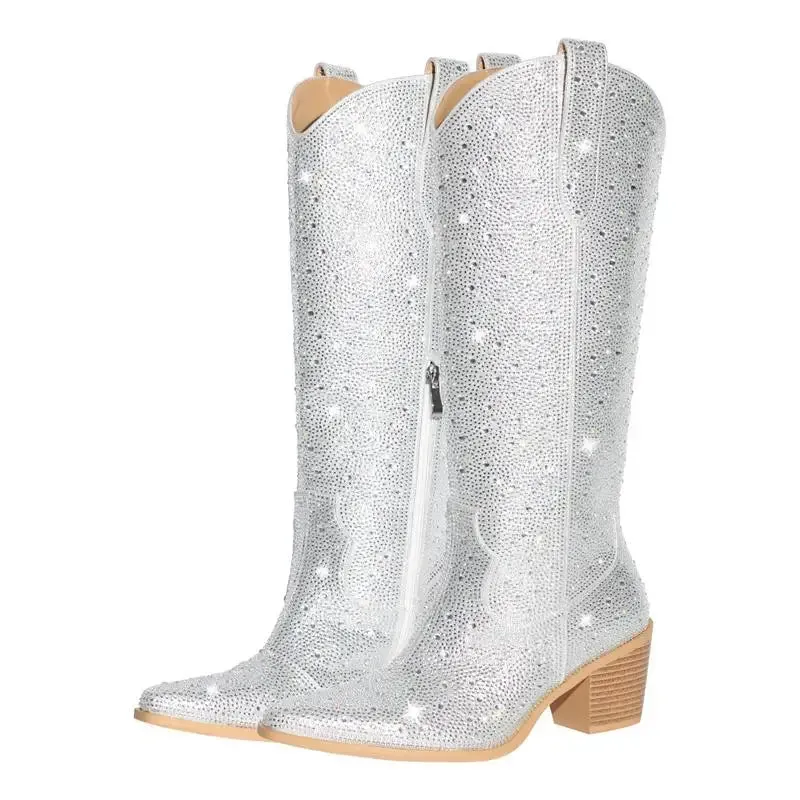 Women Western Rhinestone Knee High Boots  Bling Shiny Pointed Toe Block Handmade Heel