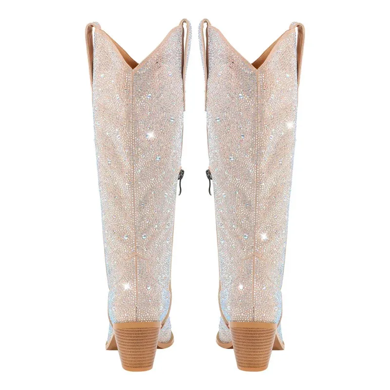 Women Western Rhinestone Knee High Boots  Bling Shiny Pointed Toe Block Handmade Heel