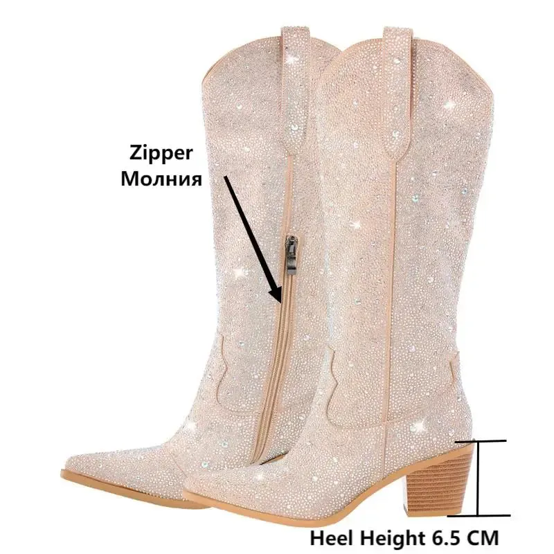 Women Western Rhinestone Knee High Boots  Bling Shiny Pointed Toe Block Handmade Heel