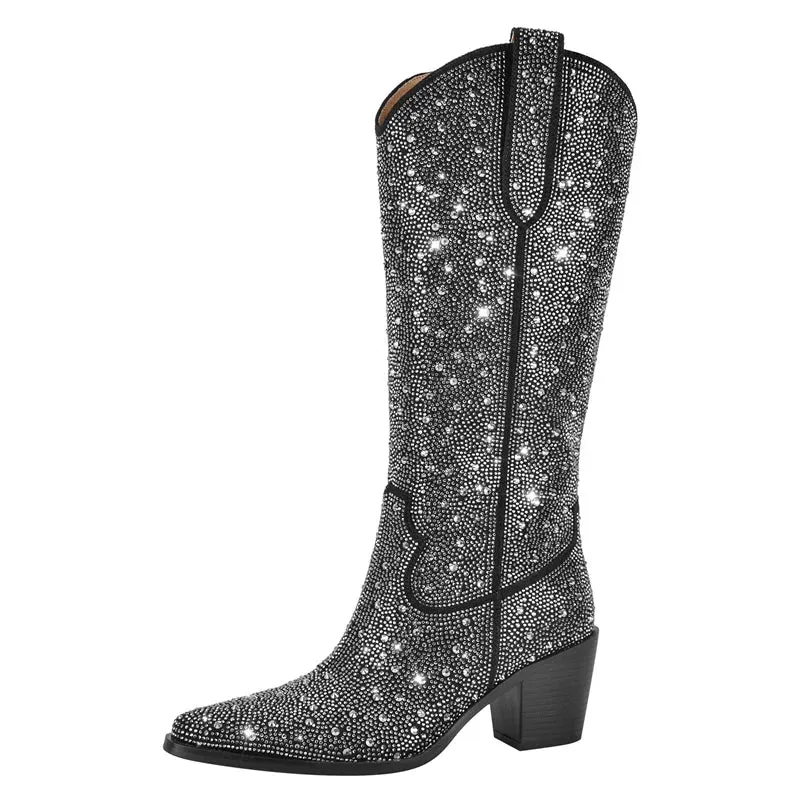 Women Western Rhinestone Knee High Boots  Bling Shiny Pointed Toe Block Handmade Heel