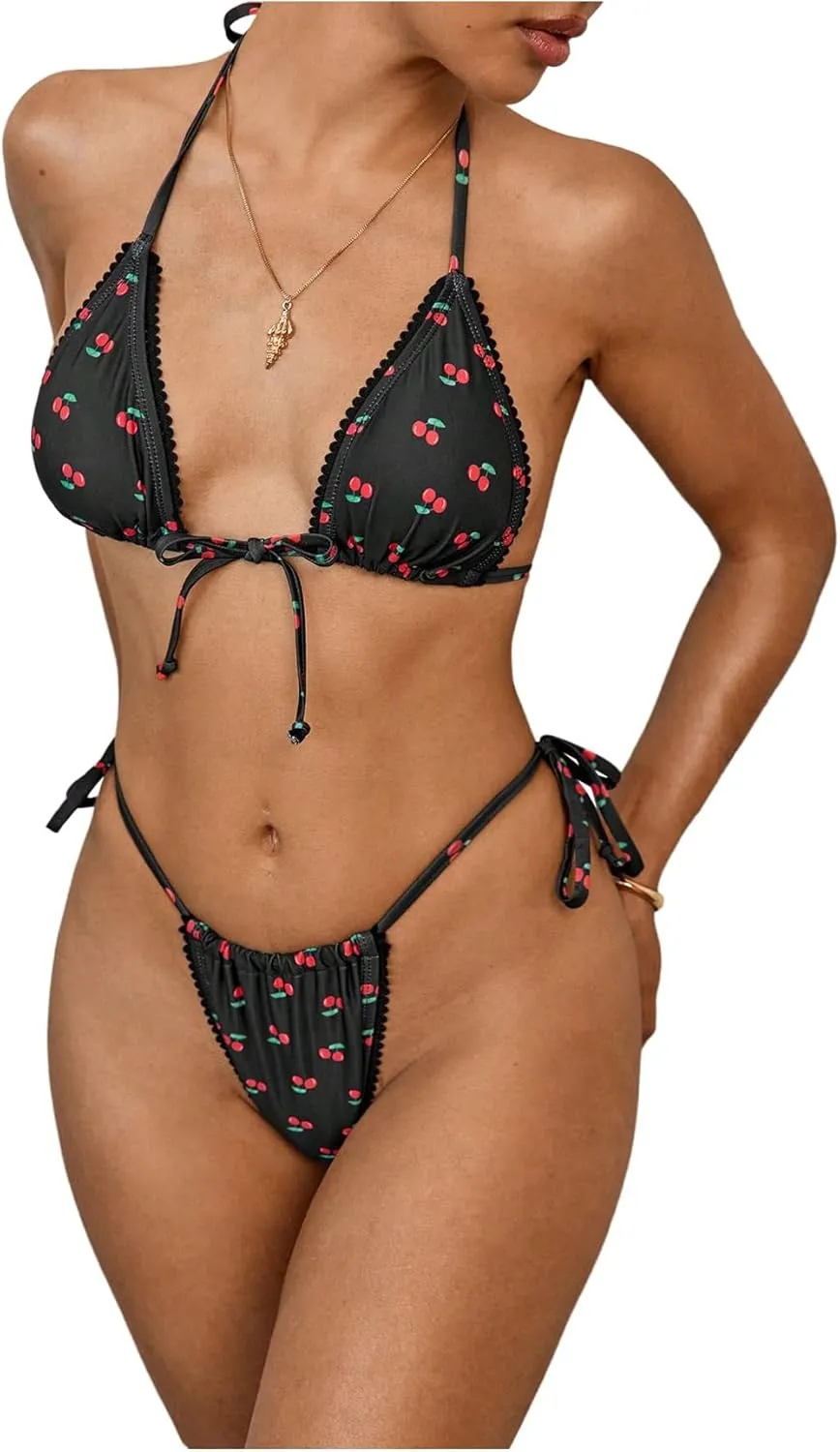 Women's 2 Piece Cherry Graphic Swimsuit Tie Front Triangle Micro Bikini Set Tie Side Thongs Swimsuit