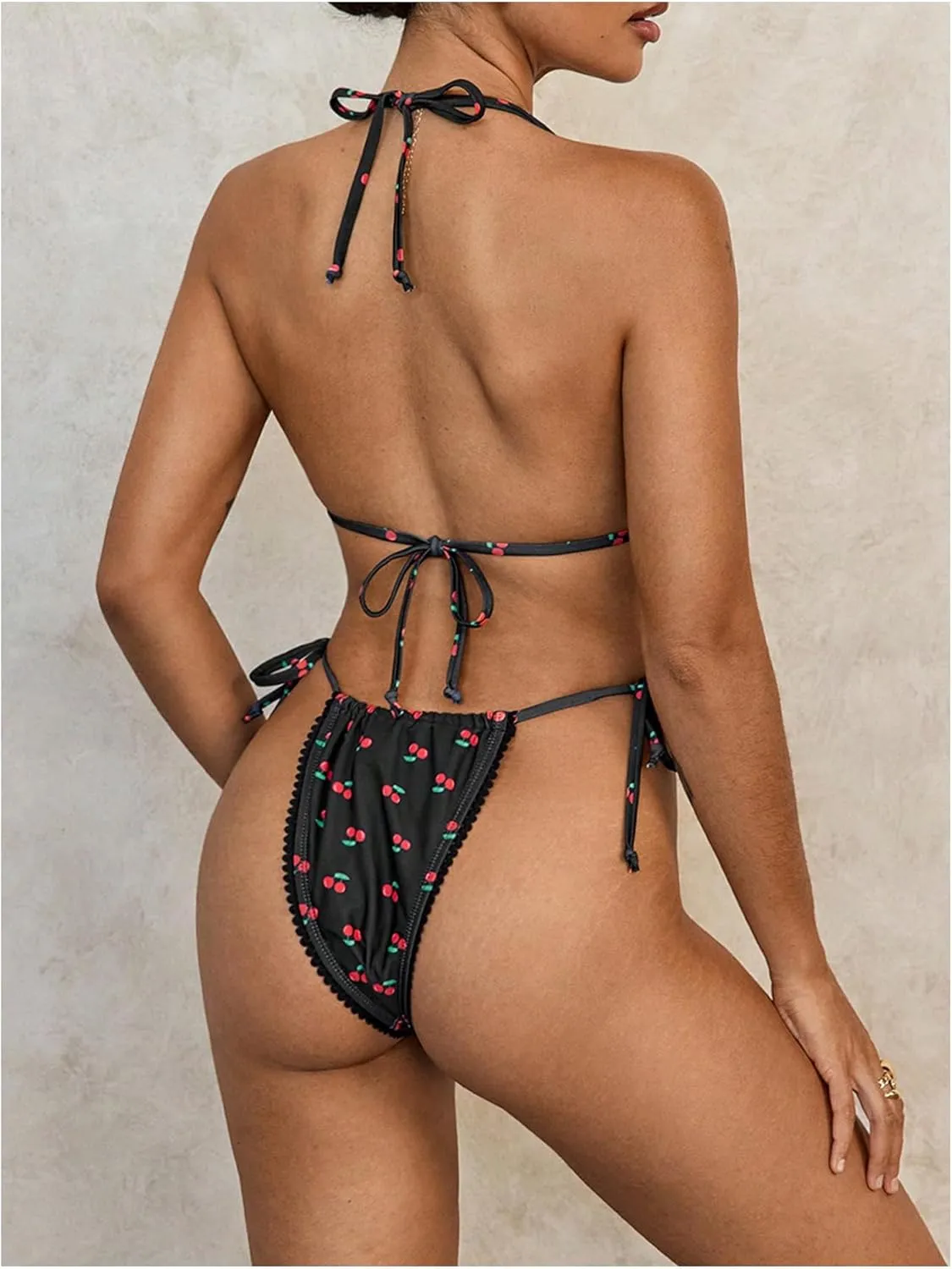 Women's 2 Piece Cherry Graphic Swimsuit Tie Front Triangle Micro Bikini Set Tie Side Thongs Swimsuit