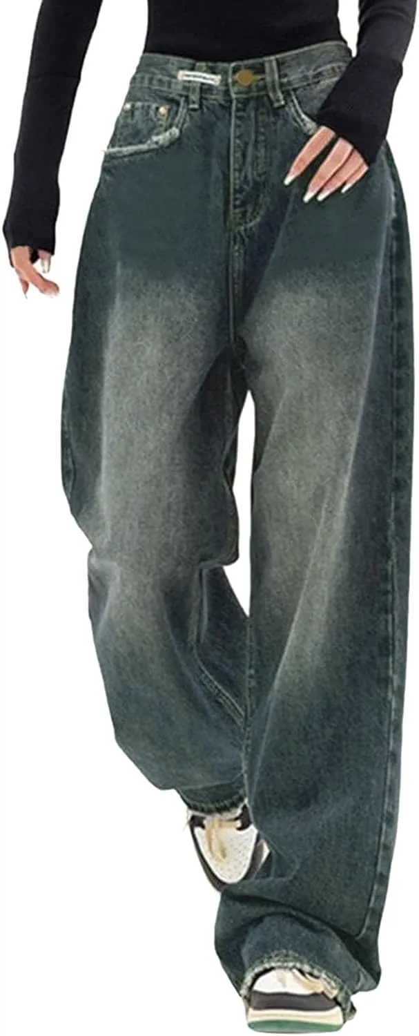 Womens Baggy Jeans Y2K High Street Boyfriend Pants Vintage Distressed Jeans High Waist Ripped Denims Streetwear Hiphop