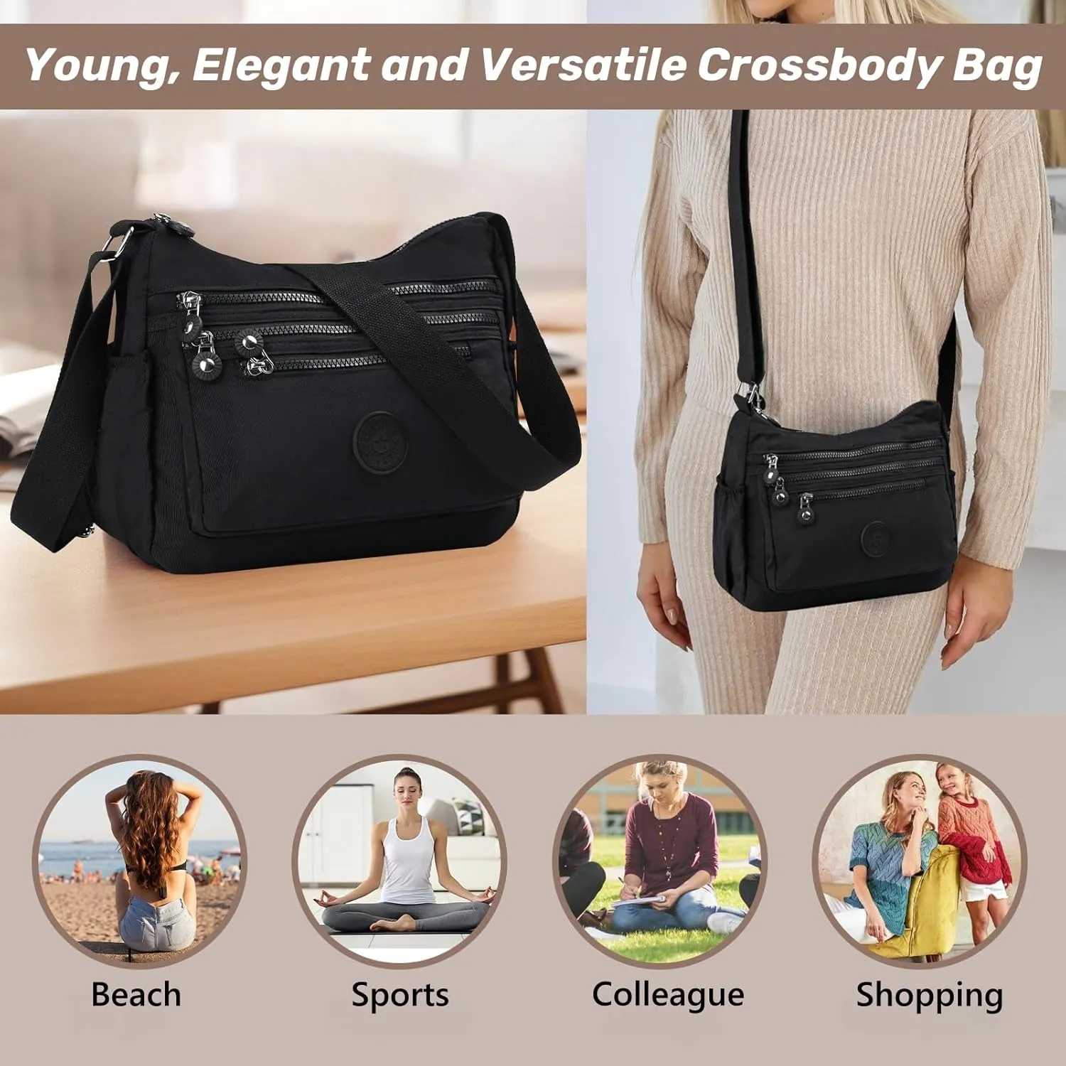 Women's Crossbody Bag, Shoulder Bag, Waterproof Backpack Shoulder Bag, Lightweight Nylon Work Travel Bag, Messenger Bag