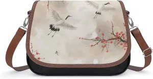 Women's Handbag Cranes Birds Cherry Flowers Satchel Bag Leather Crossbody Bag Waterproof Messenger Bag