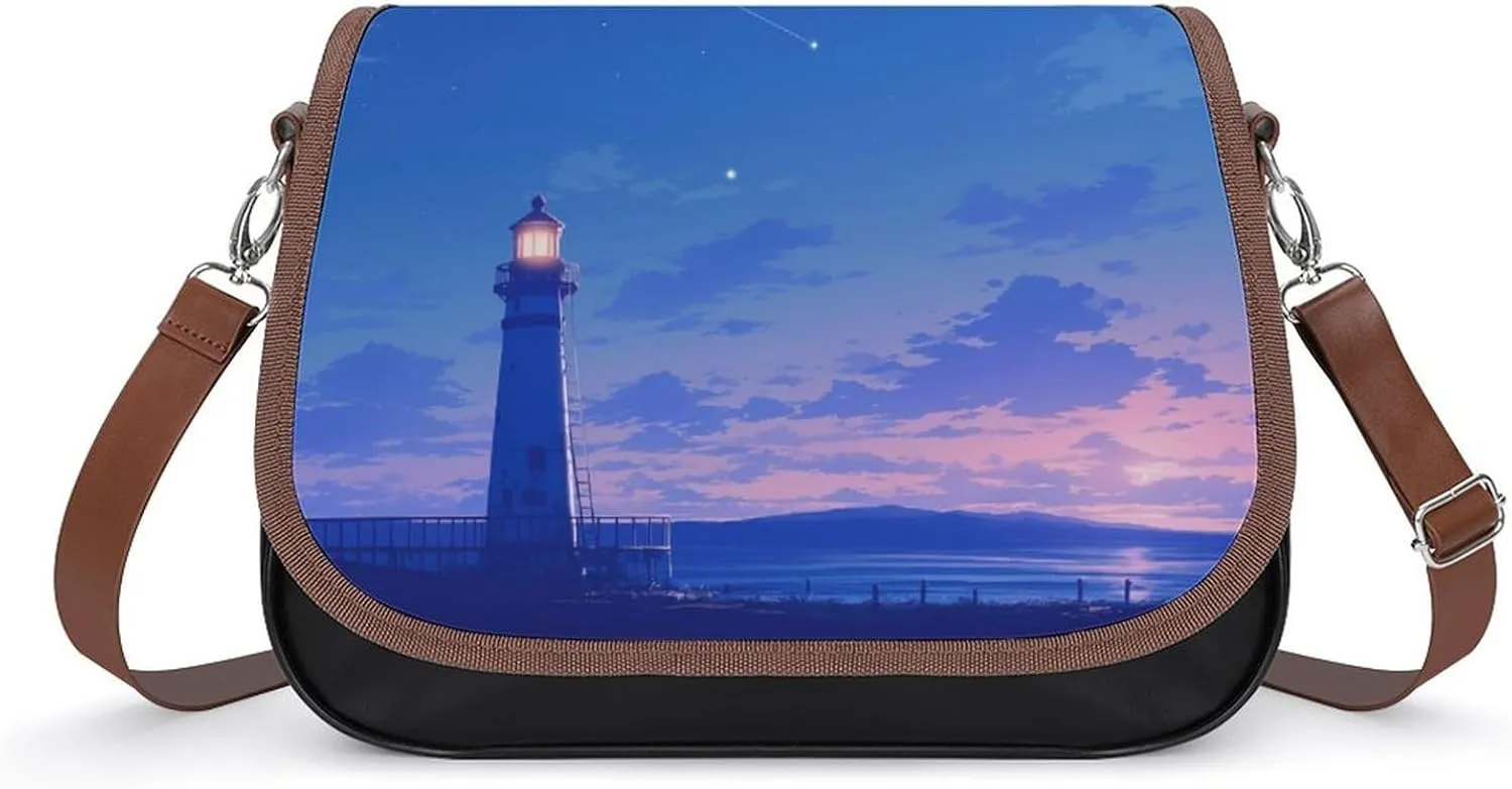 Women's Handbag Lighthouse Night Sky Stars Satchel Bag Leather Crossbody Bag Waterproof Messenger Bag