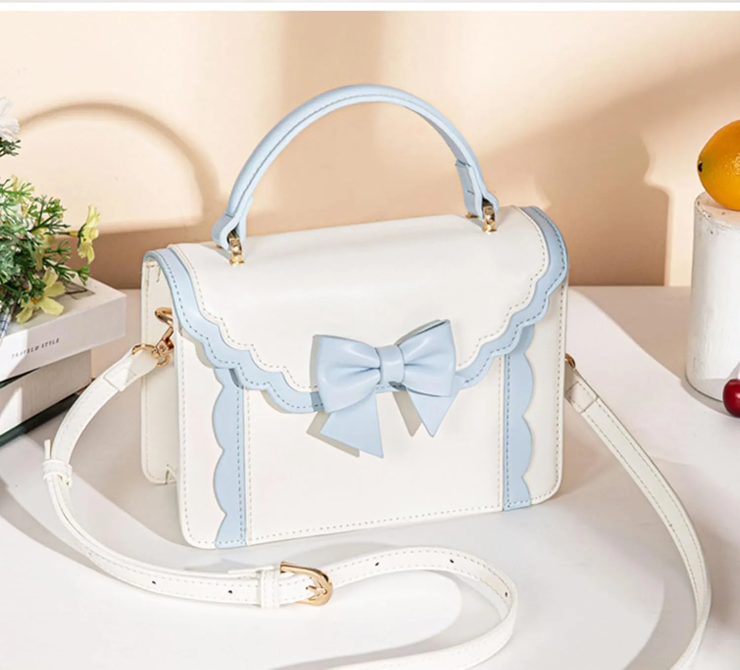 Women's Lolita Messenger Bag Sweet Bowknot Fashion PU Leather Satchel Handbag Anime Crossbody Shoulder Bag