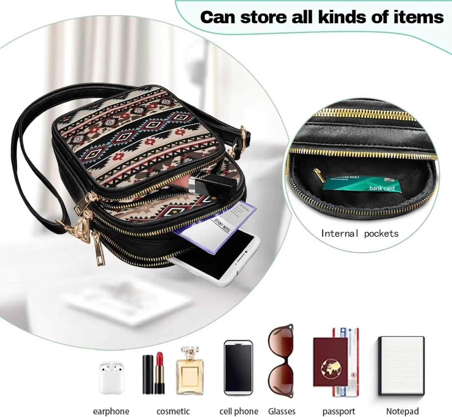 Women's Multi-Pocket PU Leather Crossbody Bag Soft Shoulder Handbags Travel Zippered Purse with Adjustable Strap