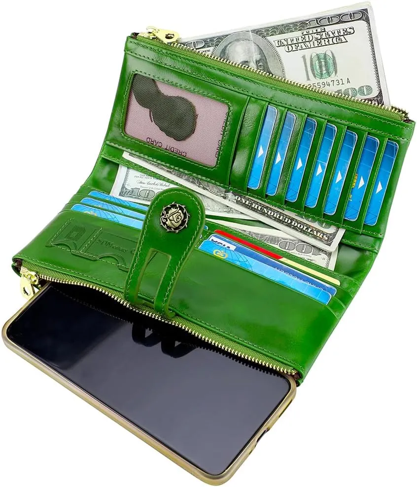 Women's RFID Blocking Wallet Soft Leather Clutch Money Ladies Purse Slim Card Holder Organizer Zip Pocket (3013-Green)