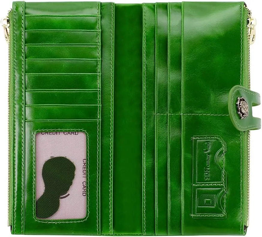 Women's RFID Blocking Wallet Soft Leather Clutch Money Ladies Purse Slim Card Holder Organizer Zip Pocket (3013-Green)