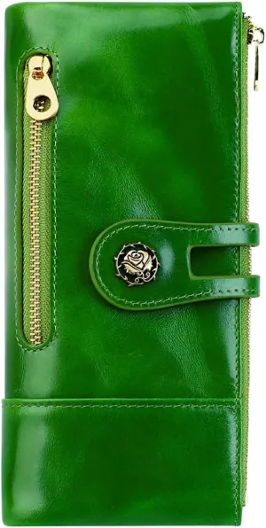 Women's RFID Blocking Wallet Soft Leather Clutch Money Ladies Purse Slim Card Holder Organizer Zip Pocket (3013-Green)