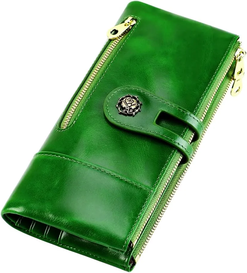 Women's RFID Blocking Wallet Soft Leather Clutch Money Ladies Purse Slim Card Holder Organizer Zip Pocket (3013-Green)