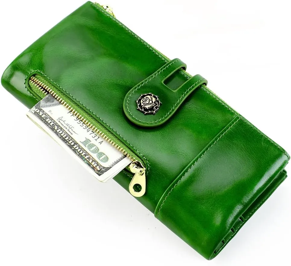 Women's RFID Blocking Wallet Soft Leather Clutch Money Ladies Purse Slim Card Holder Organizer Zip Pocket (3013-Green)