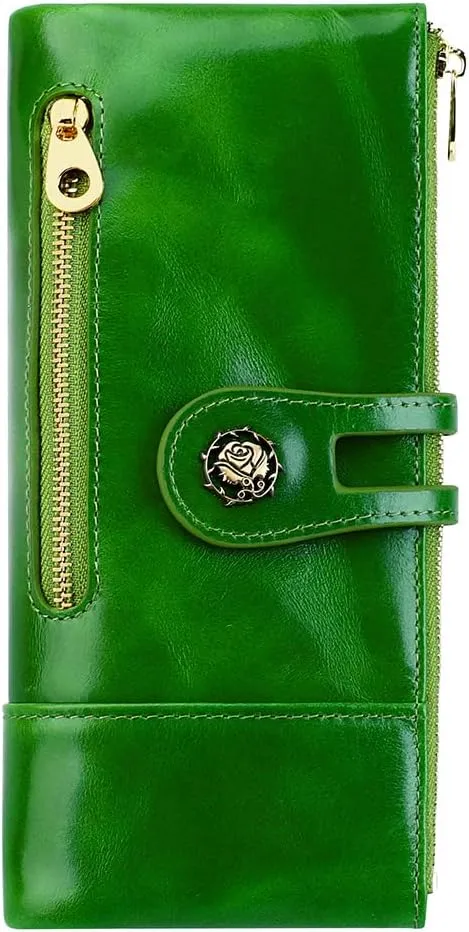 Women's RFID Blocking Wallet Soft Leather Clutch Money Ladies Purse Slim Card Holder Organizer Zip Pocket (3013-Green)