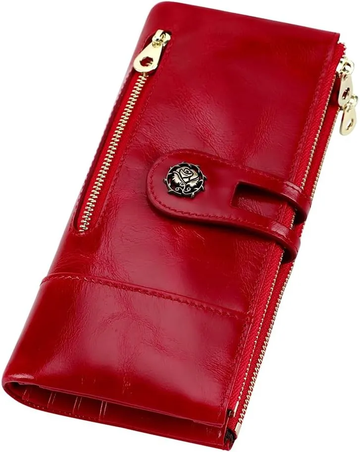 Women's RFID Blocking Wallet Soft Leather Clutch Money Ladies Purse Slim Card Holder Organizer Zip Pocket (3013-Red)