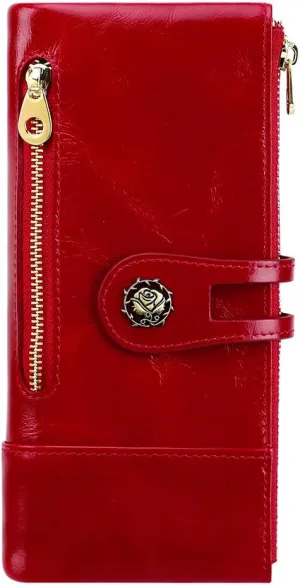 Women's RFID Blocking Wallet Soft Leather Clutch Money Ladies Purse Slim Card Holder Organizer Zip Pocket (3013-Red)