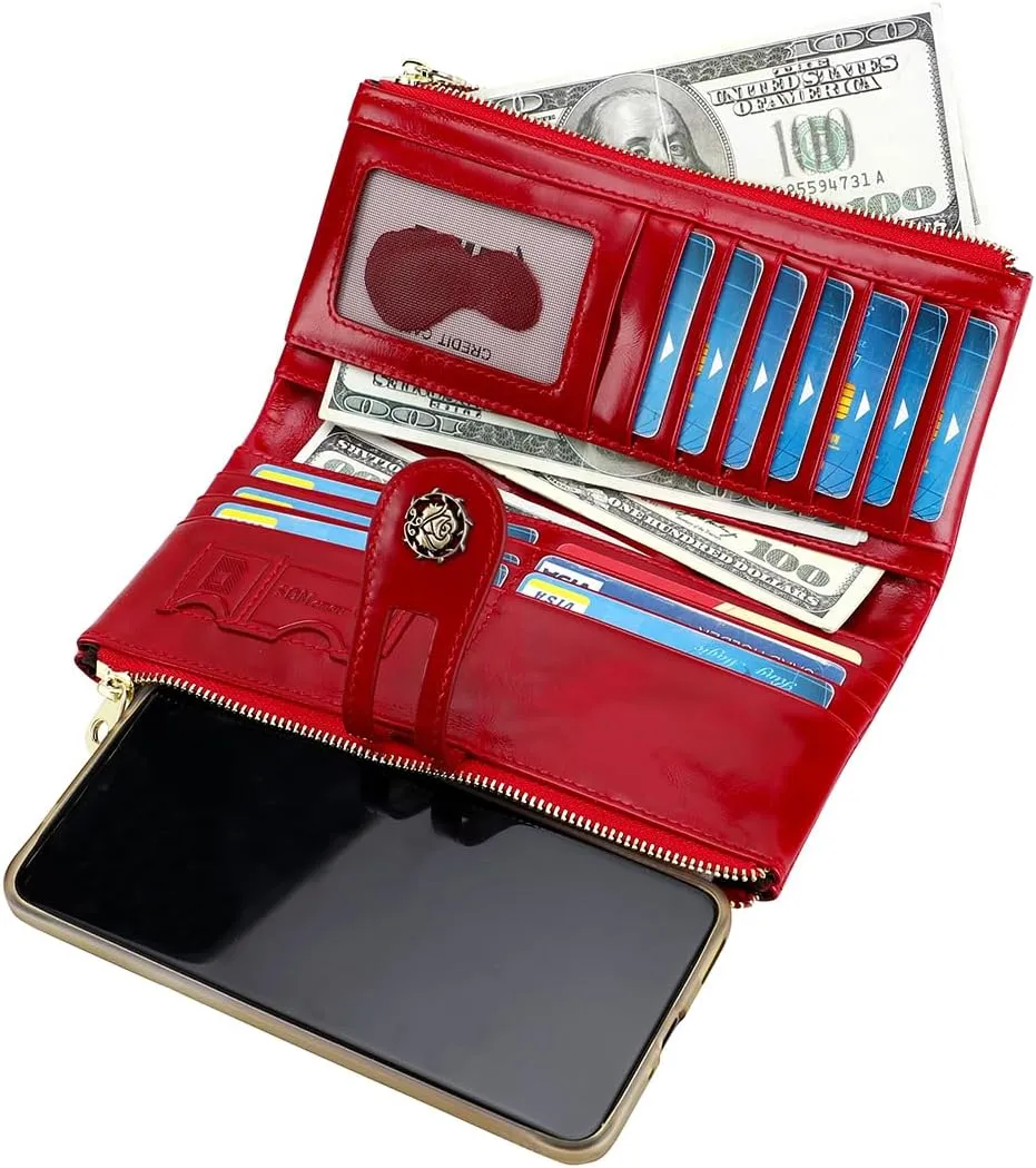 Women's RFID Blocking Wallet Soft Leather Clutch Money Ladies Purse Slim Card Holder Organizer Zip Pocket (3013-Red)