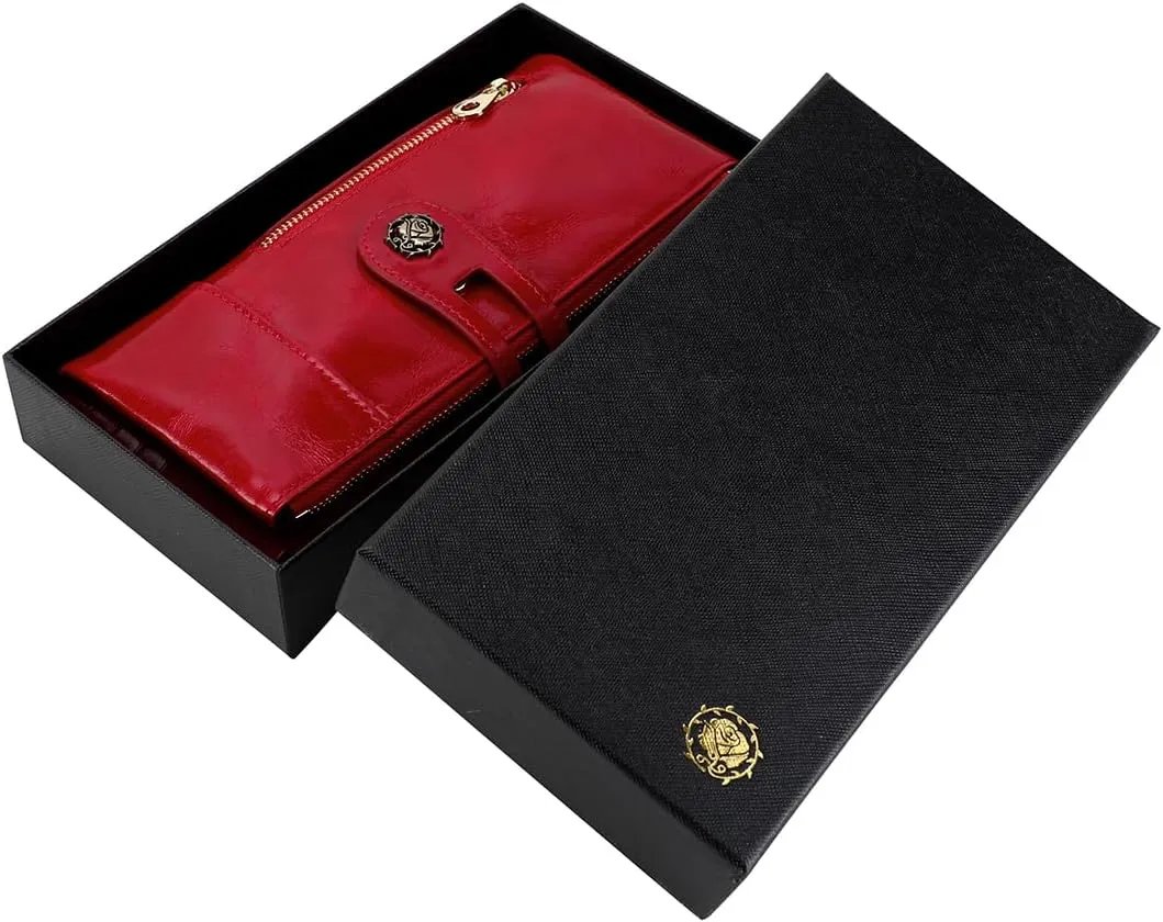Women's RFID Blocking Wallet Soft Leather Clutch Money Ladies Purse Slim Card Holder Organizer Zip Pocket (3013-Red)