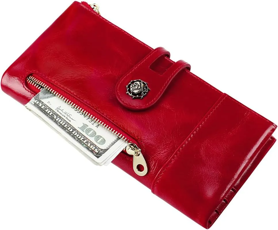 Women's RFID Blocking Wallet Soft Leather Clutch Money Ladies Purse Slim Card Holder Organizer Zip Pocket (3013-Red)