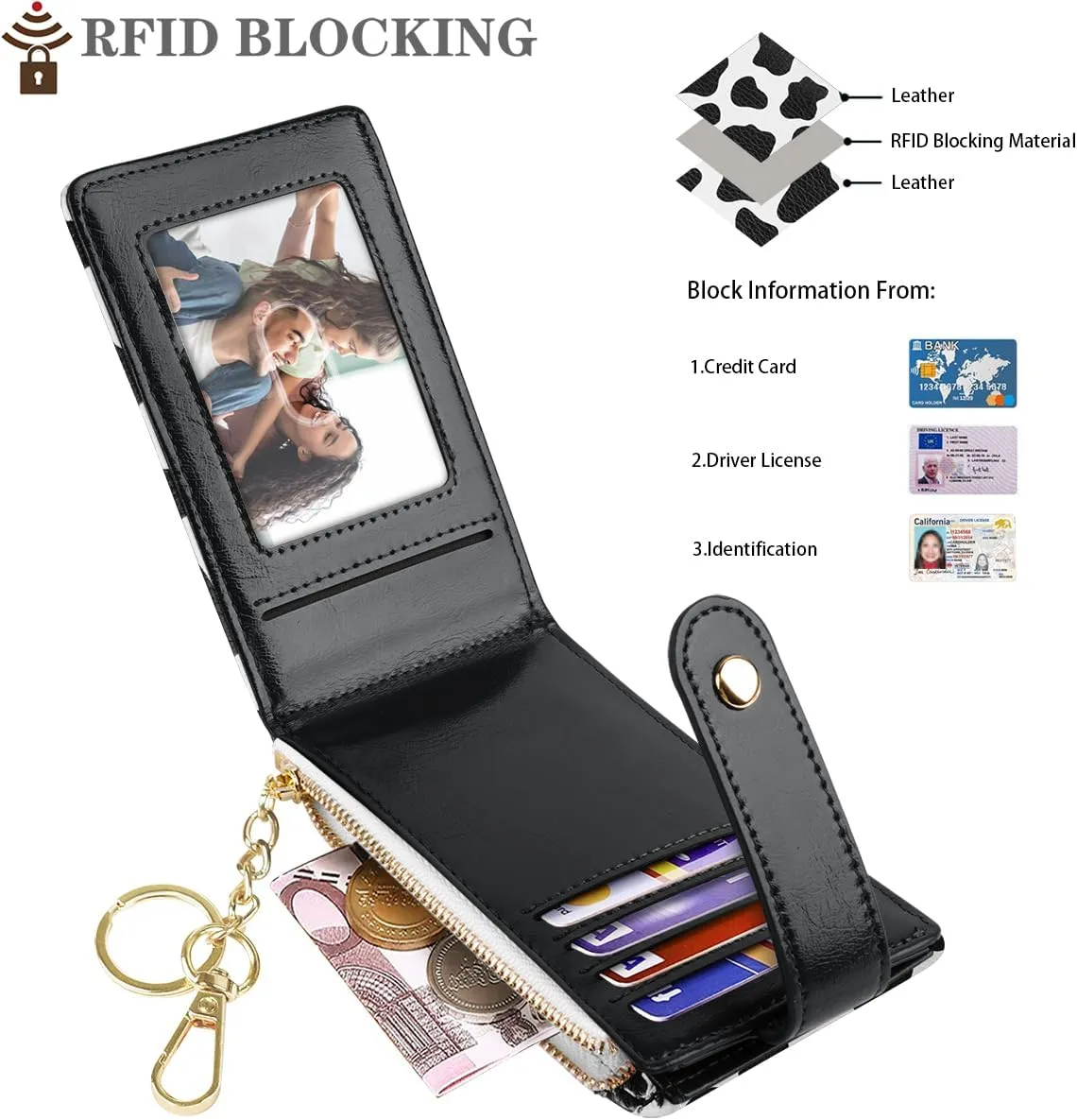 Womens Small Leather Bifold Wallet for Women Slim RFID Blocking Cute Multicard Organizer Wallet with Keychain Zipper Pocket,Cow
