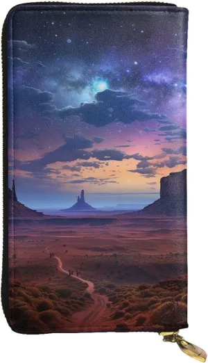 Womens Wallet Leather Slim Wallet Long Card Holder Case Zip Clutch Monument Valley Landscape Travel Purse