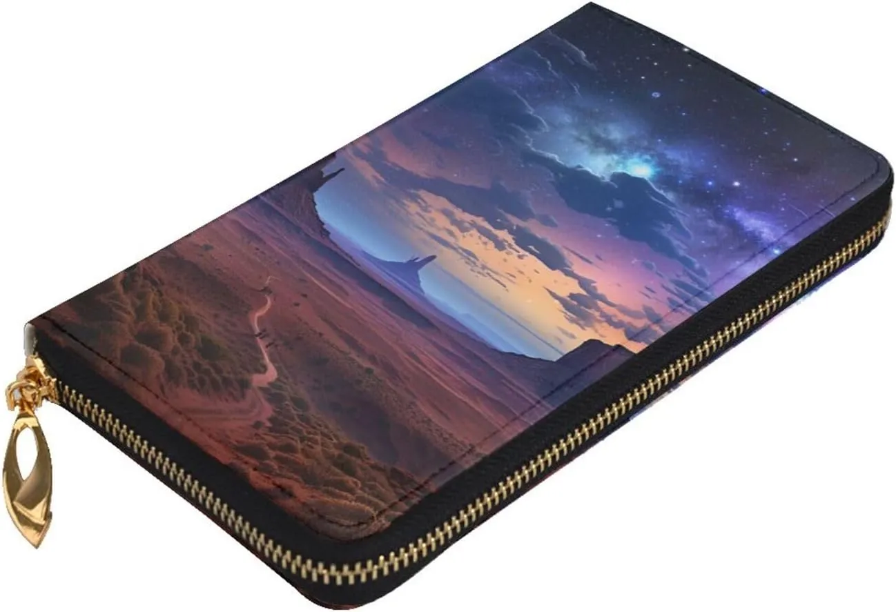 Womens Wallet Leather Slim Wallet Long Card Holder Case Zip Clutch Monument Valley Landscape Travel Purse