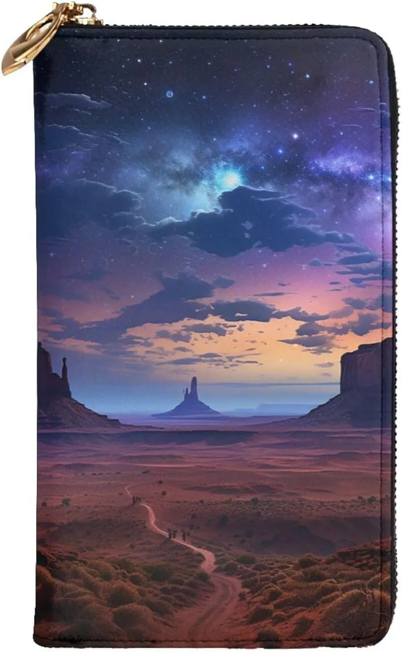 Womens Wallet Leather Slim Wallet Long Card Holder Case Zip Clutch Monument Valley Landscape Travel Purse
