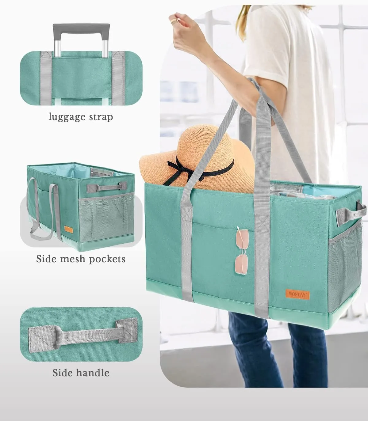 WONDAY Standing Extra Large Reusable Grocery Bag Carrier with Handle, Thirty One Utility Tote Foldable for Shopping and Beach